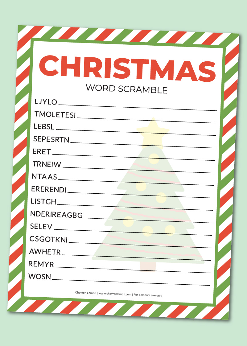 printable christmas word scramble - chevron lemon